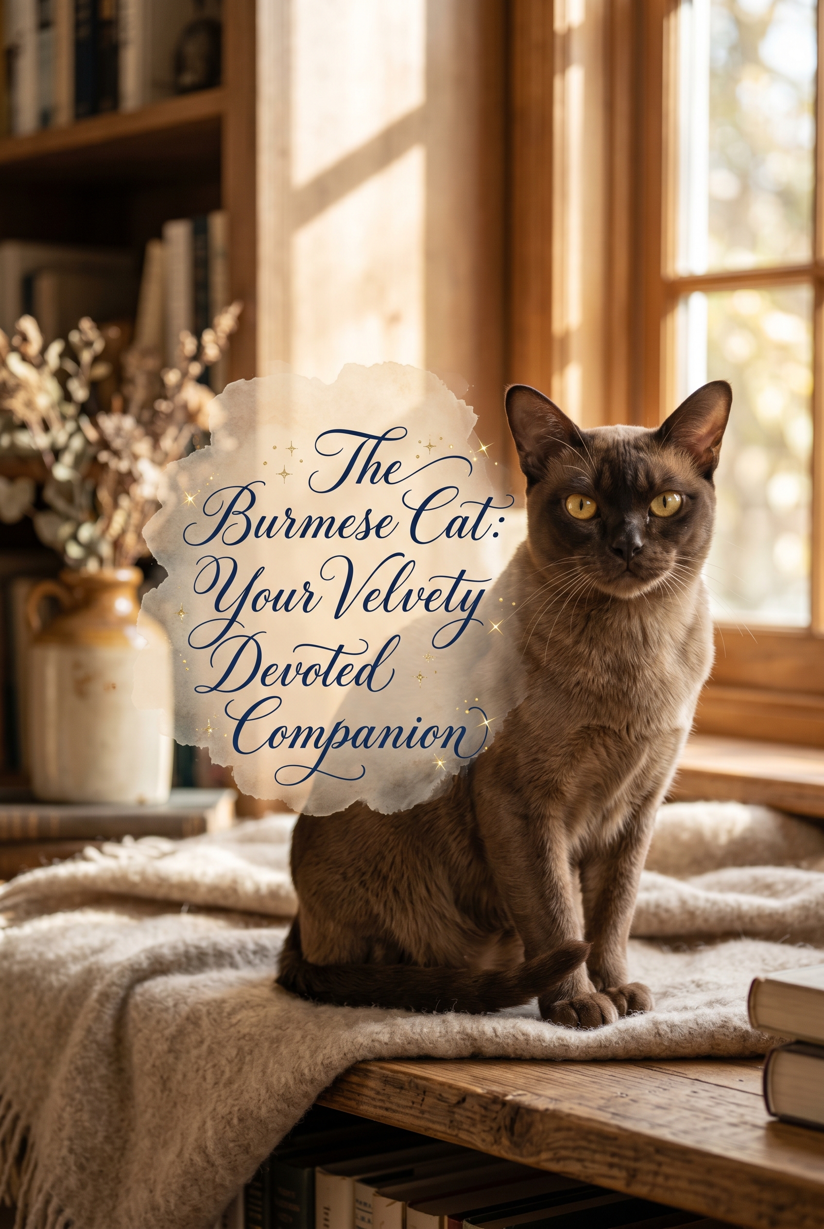 A stunning portrait of a muscular Burmese cat with a shiny sable brown coat and glowing golden eyes, sitting elegantly. Across the center is the text 'The Burmese Cat: Your Velvety Devoted Companion' in a high-end cursive script over a soft watercolor wash.