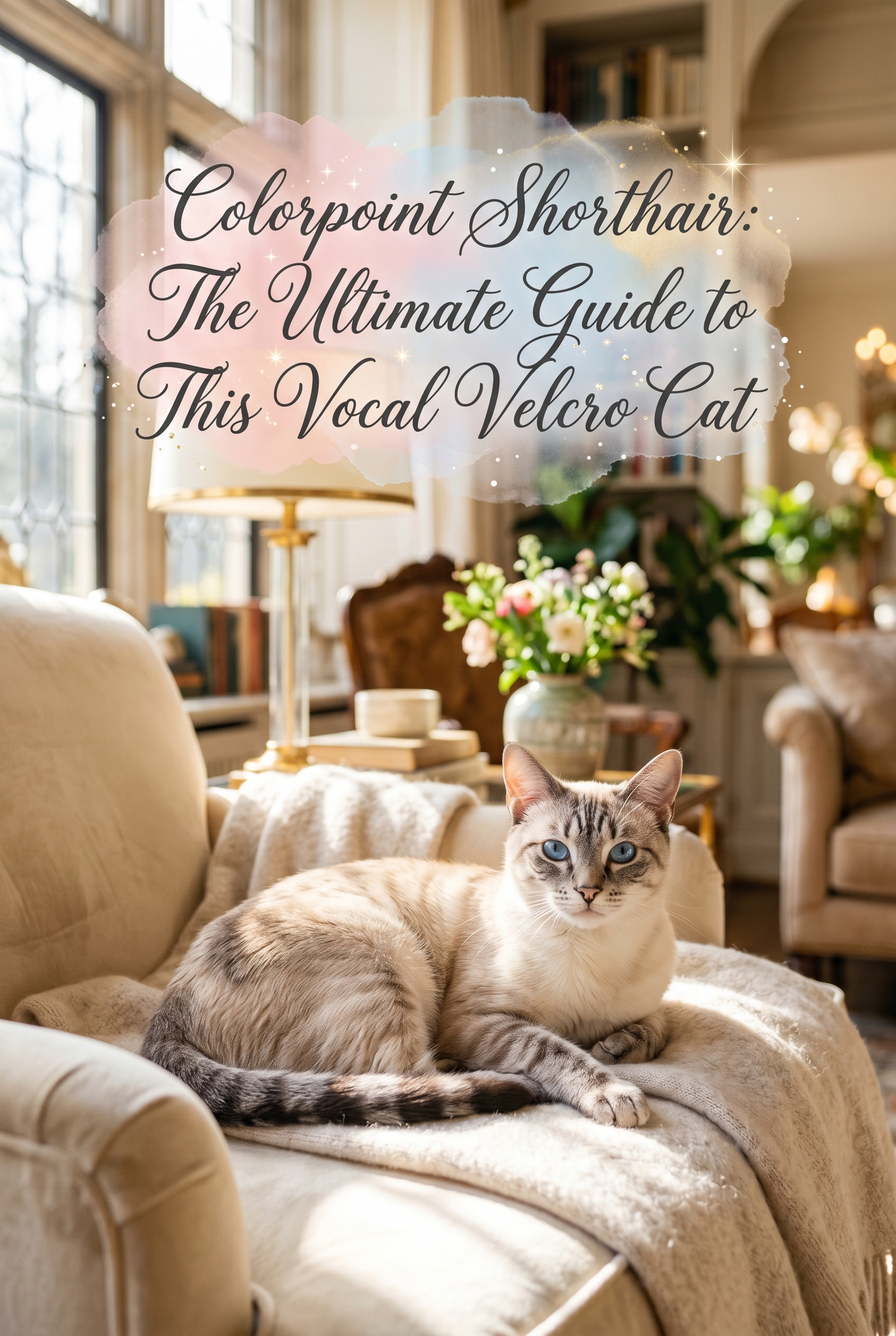 A sleek and elegant Colorpoint Shorthair cat with bright blue eyes and distinctive lynx point markings, sitting gracefully in a stylish, sunlit room. The cat has a slender, muscular build. The background features high-end home decor with soft blurring. Decorative typography overlays the center of the image on a soft texture.