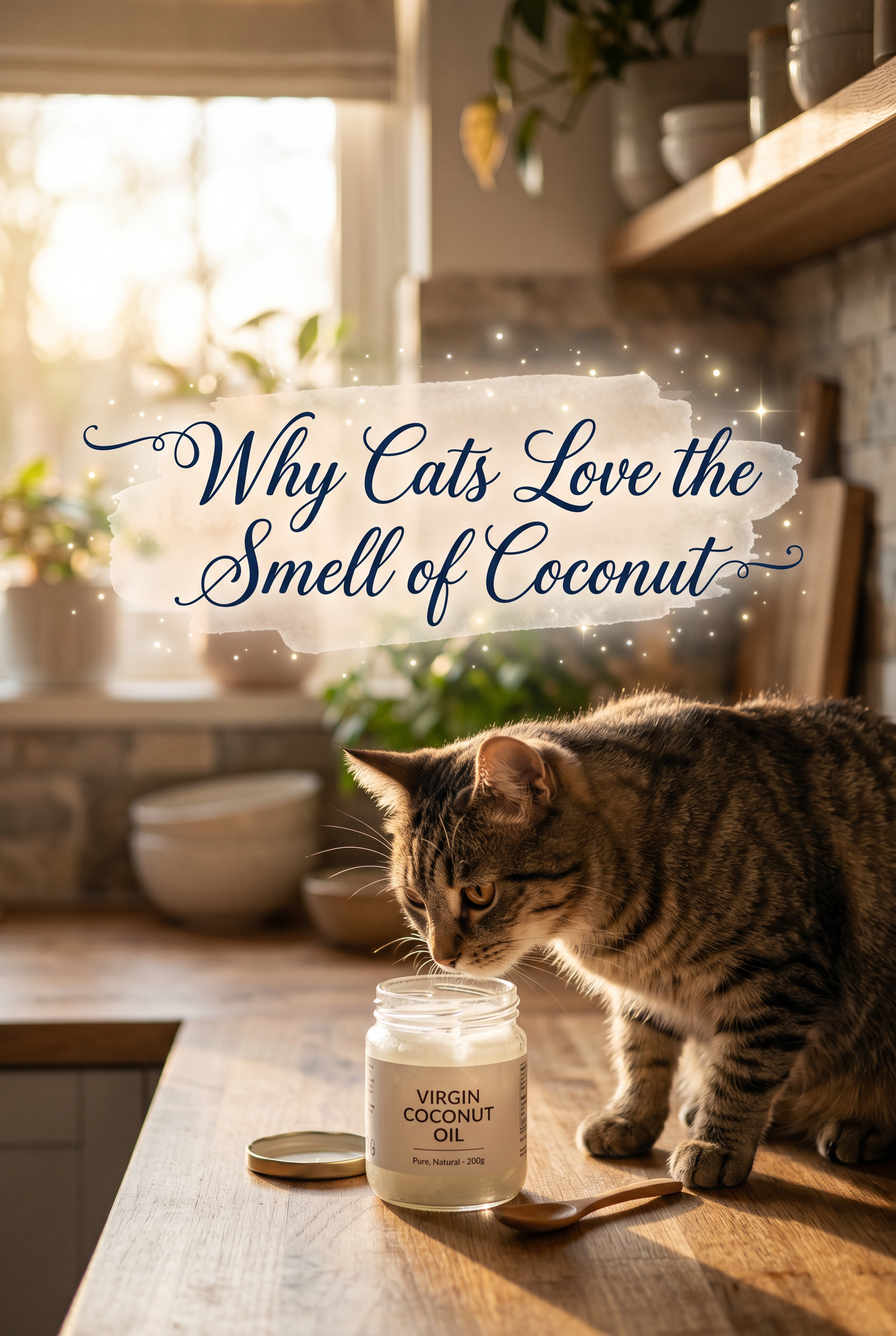 A high-angle, close-up photograph of a fluffy calico cat curiously sniffing a wooden spoon filled with creamy white coconut oil. The background is a soft-focus, sun-drenched kitchen with warm golden light. In the center, the title is written in an elegant, flowing navy script over a soft pastel watercolor wash with subtle sparkling highlights.