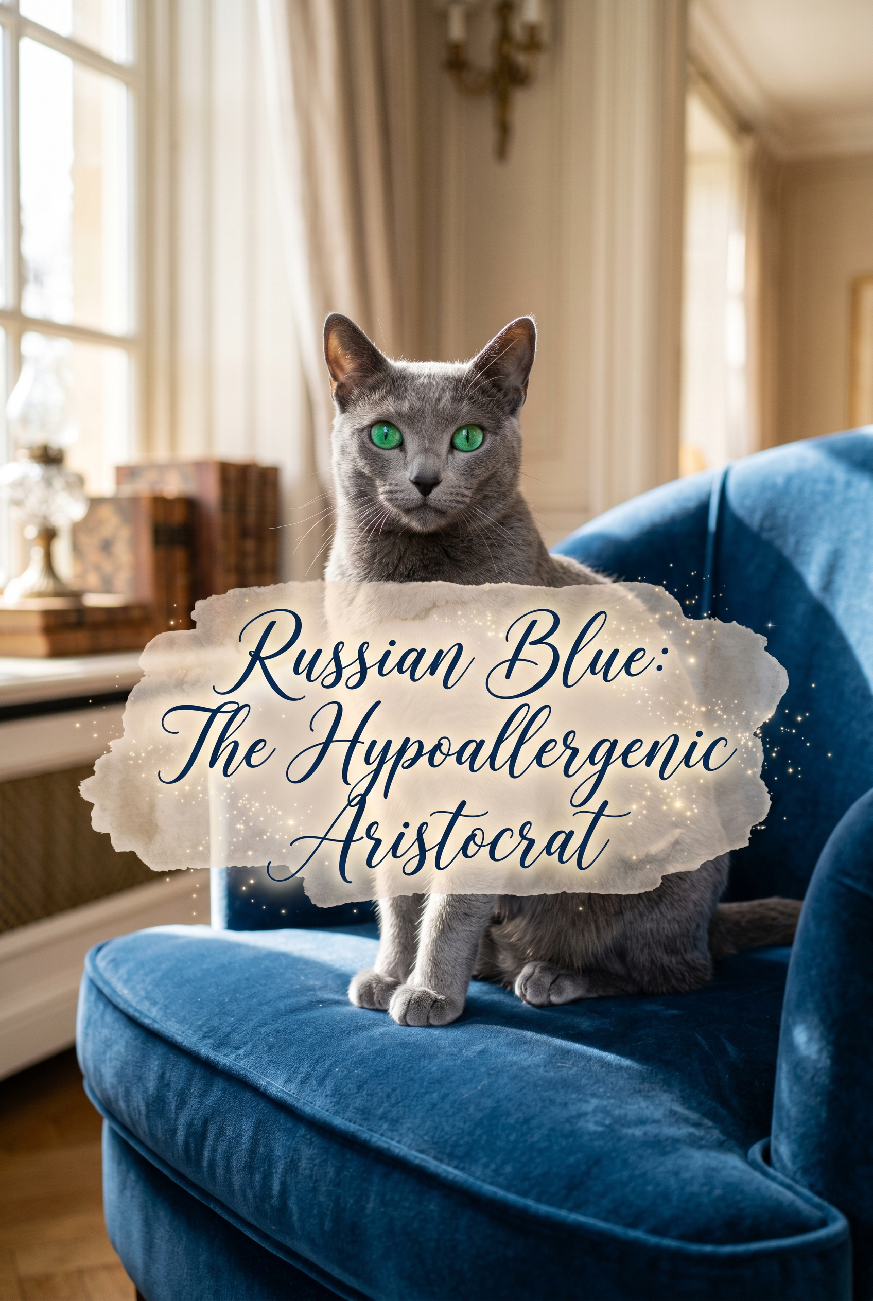 Close-up of a stunning Russian Blue cat with shimmering silver-blue fur and luminous emerald-green eyes, resting in a sunlit, high-end parlor. The center of the image features stylized calligraphy text overlay.