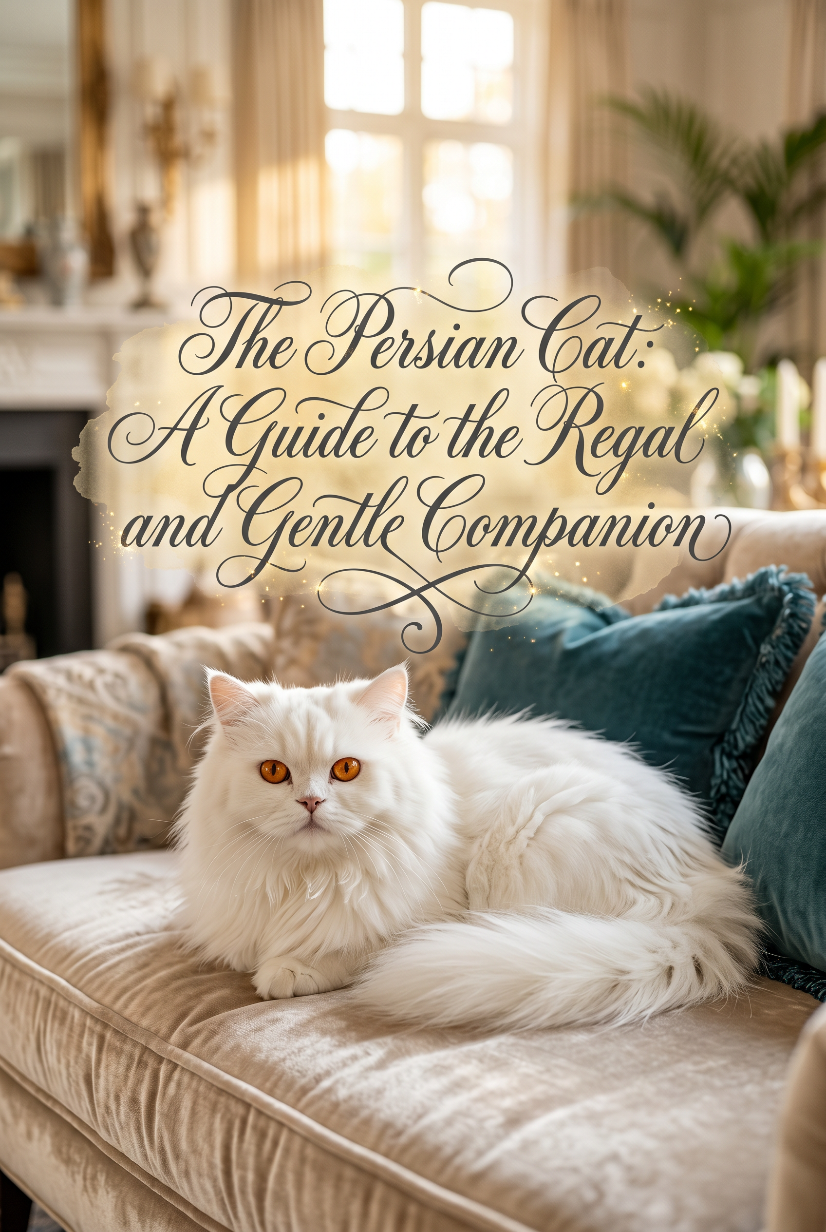A stunning white Persian cat with long flowing fur and large copper eyes sits regally on a velvet cushion. The image features elegant cursive text reading The Persian Cat: A Guide to the Regal and Gentle Companion in a deep charcoal hue, centered on a soft gold watercolor texture. Lighting is warm and ethereal, highlighting the cat's luxurious coat.