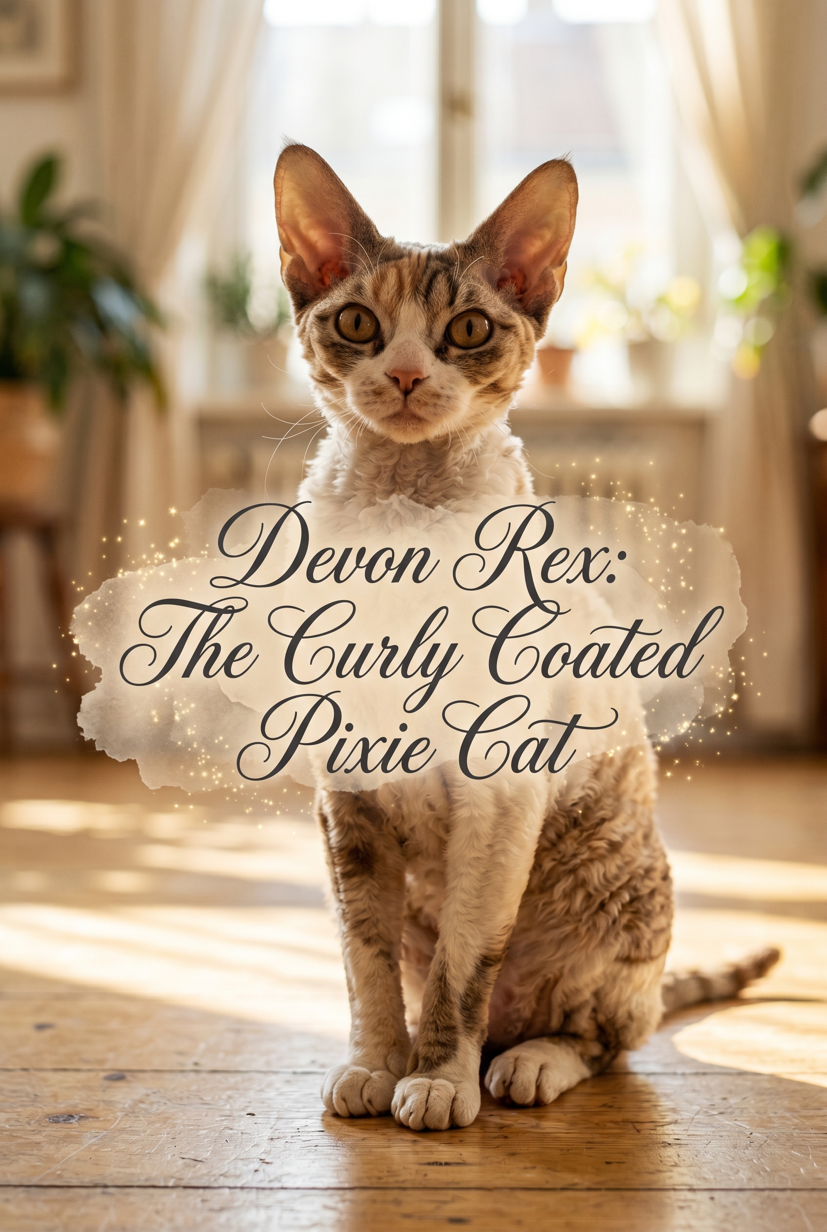 A stunning portrait of a Devon Rex cat with large elfin ears and a soft wavy coat, looking playfully at the camera. Centered on the image is a luxurious beige watercolor brush stroke featuring the elegant cursive title Devon Rex: The Curly Coated Pixie Cat in high-contrast charcoal ink, surrounded by subtle magical glints and fairy dust.