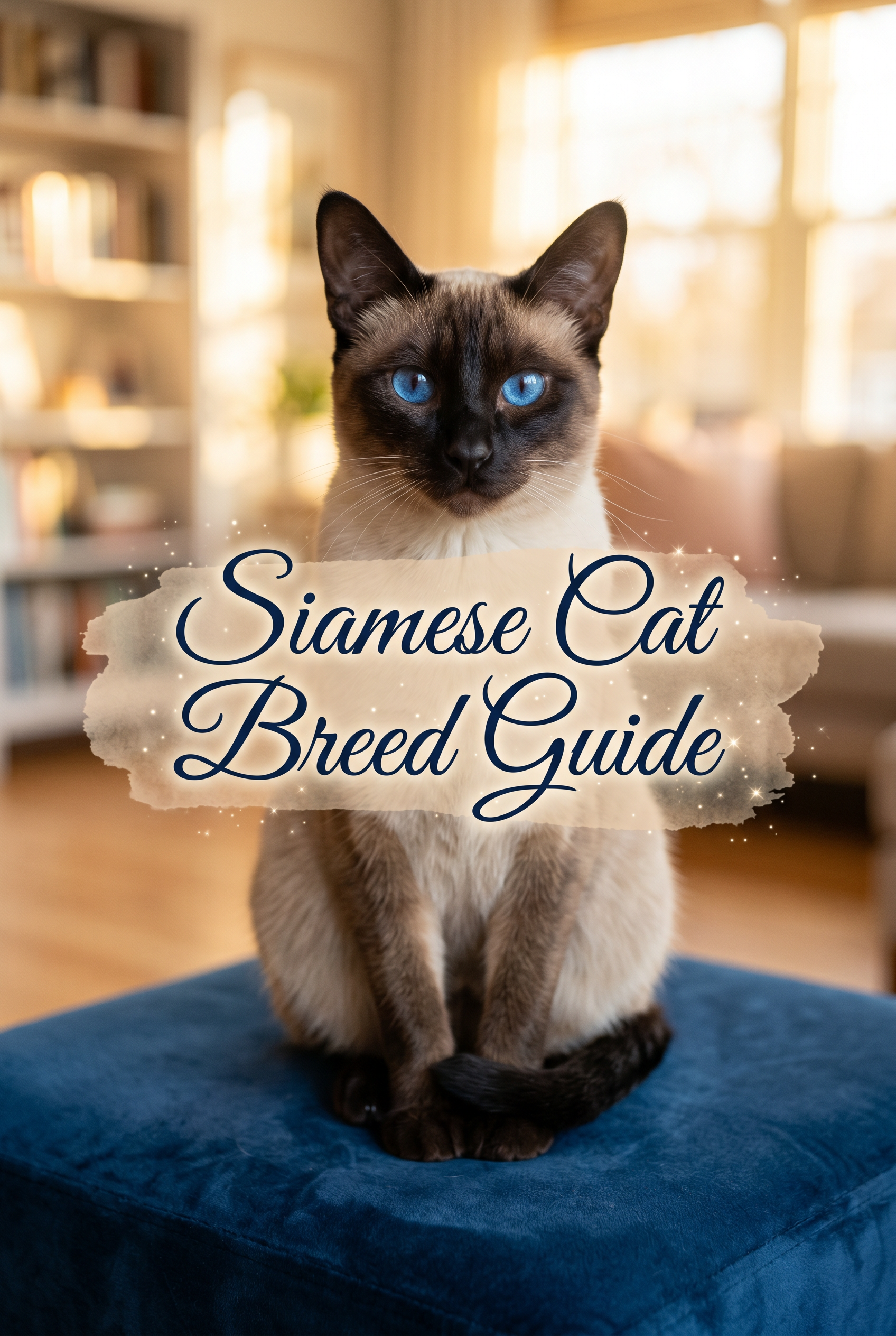 A stunning Siamese cat with striking blue eyes and dark chocolate points sits regally in a luxurious room. Centered on the image is the title Siamese Cat Breed Guide in elegant, dark-blue cursive calligraphy over a soft-edged beige watercolor wash. Tiny sparkles highlight the text, which is framed by soft afternoon light and indoor greenery.