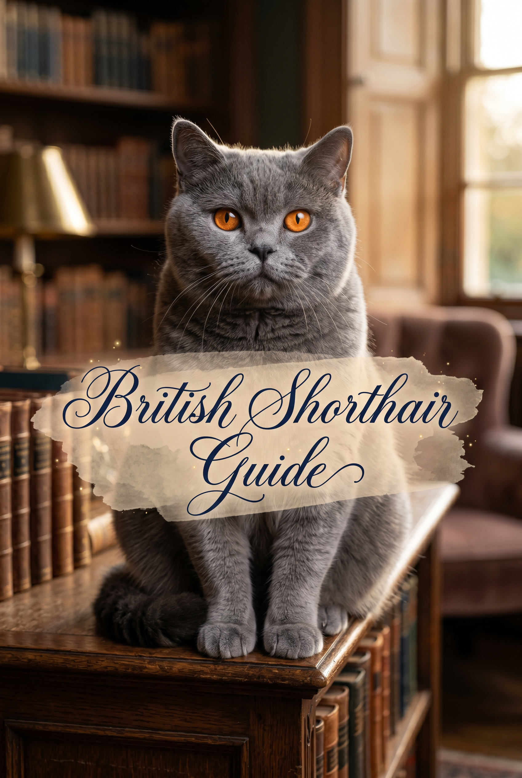 A close-up portrait of a plush British Shorthair cat with iconic round copper eyes and blue-grey fur. Centered over the image is elegant, decorative cursive text reading British Shorthair Guide on a soft, glowing watercolor wash. The atmosphere is warm and high-end.