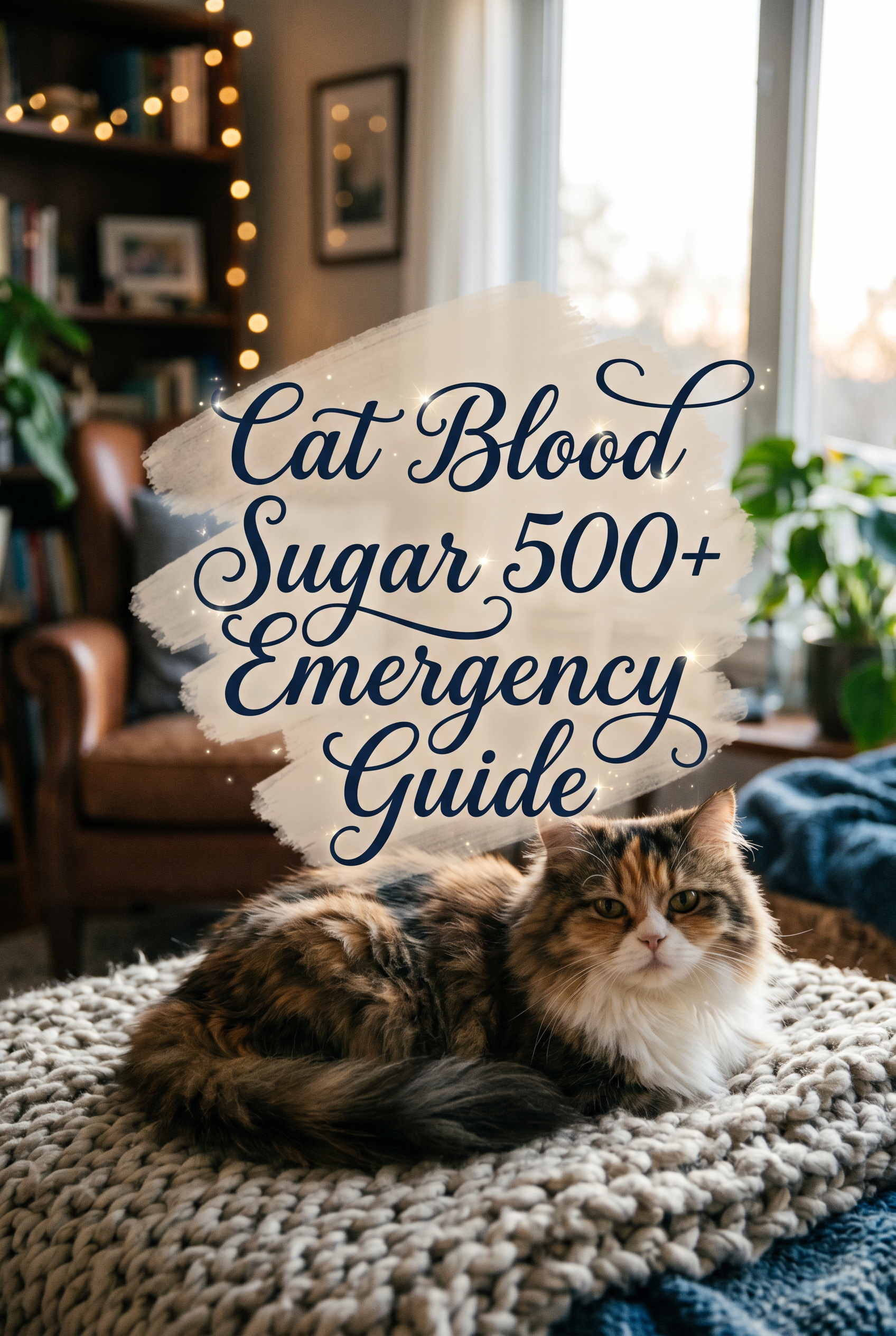 A serene, close-up portrait of a domestic cat resting peacefully on a soft velvet cushion. The lighting is warm and cinematic, featuring golden hour sunbeams. In the center, the prominent text Cat Blood Sugar 500+ Emergency Guide is written in an elegant navy blue cursive font over a soft, hazy beige watercolor wash. Tiny magical sparkles surround the text for a premium look.