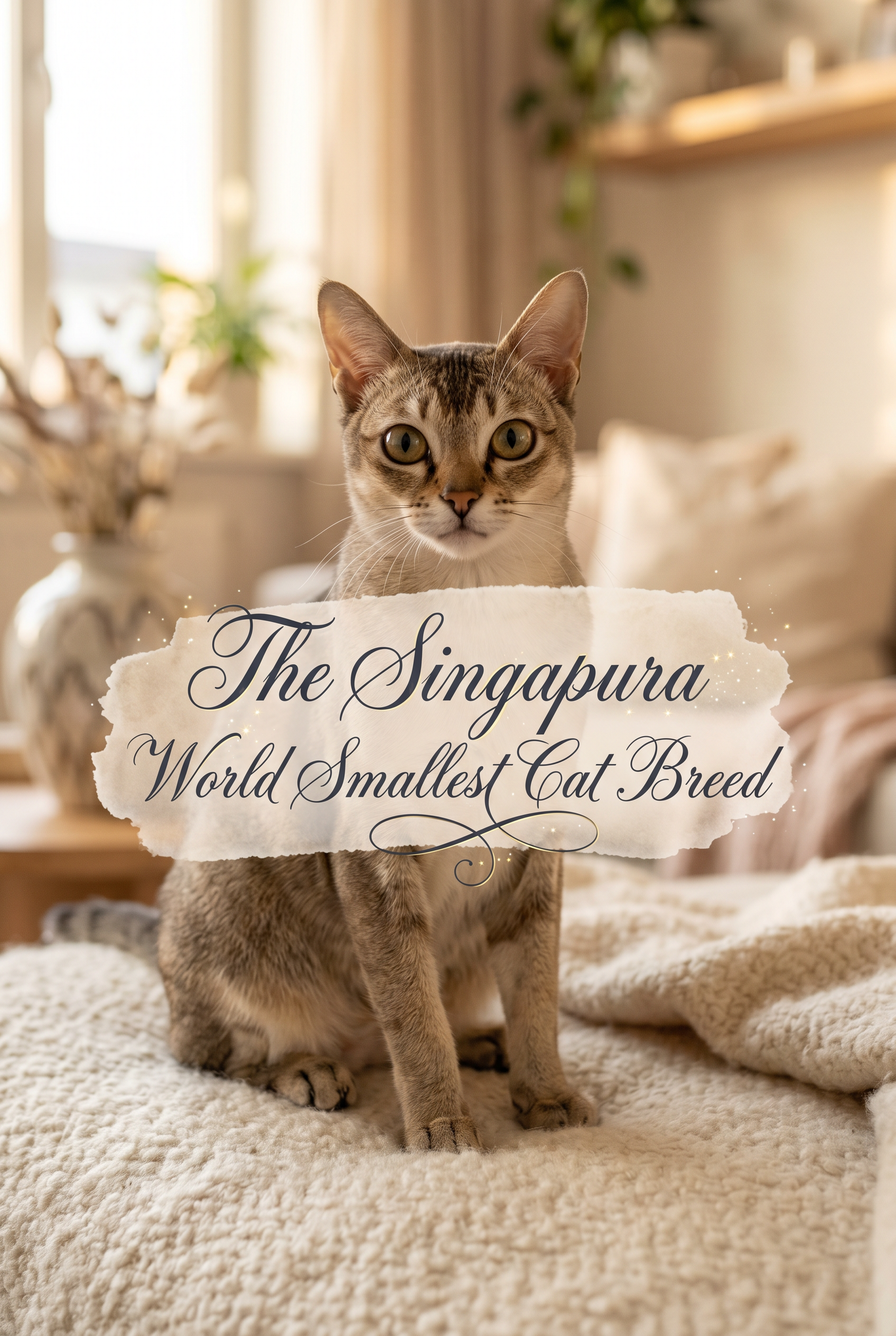A stunning portrait of a Singapura cat featuring its signature luminous hazel eyes and shimmering sepia-ticked coat. The cat is elegantly positioned in a warm, sunlight-filled room. The center of the image features stylized decorative text in a rich navy script overlaid on a soft pastel brush-stroke element, accented with delicate golden sparkles.