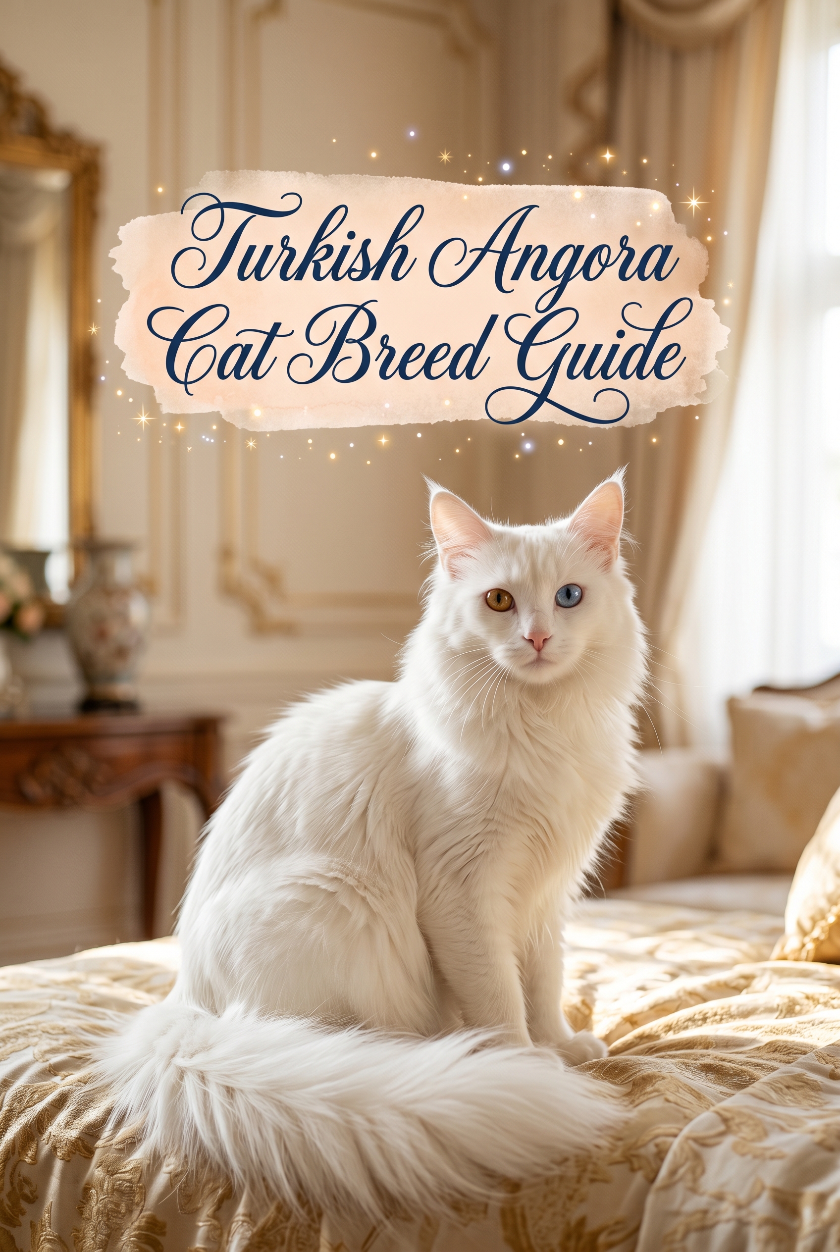 A beautiful white Turkish Angora cat with striking heterochromia (one blue eye and one amber eye) posing gracefully on a luxury velvet ottoman. The cat has a silky mane and a plume-like tail. In the center, the title Turkish Angora Cat Breed Guide is written in elegant, deep navy calligraphy over a soft pastel watercolor wash, accented with tiny golden sparkles.