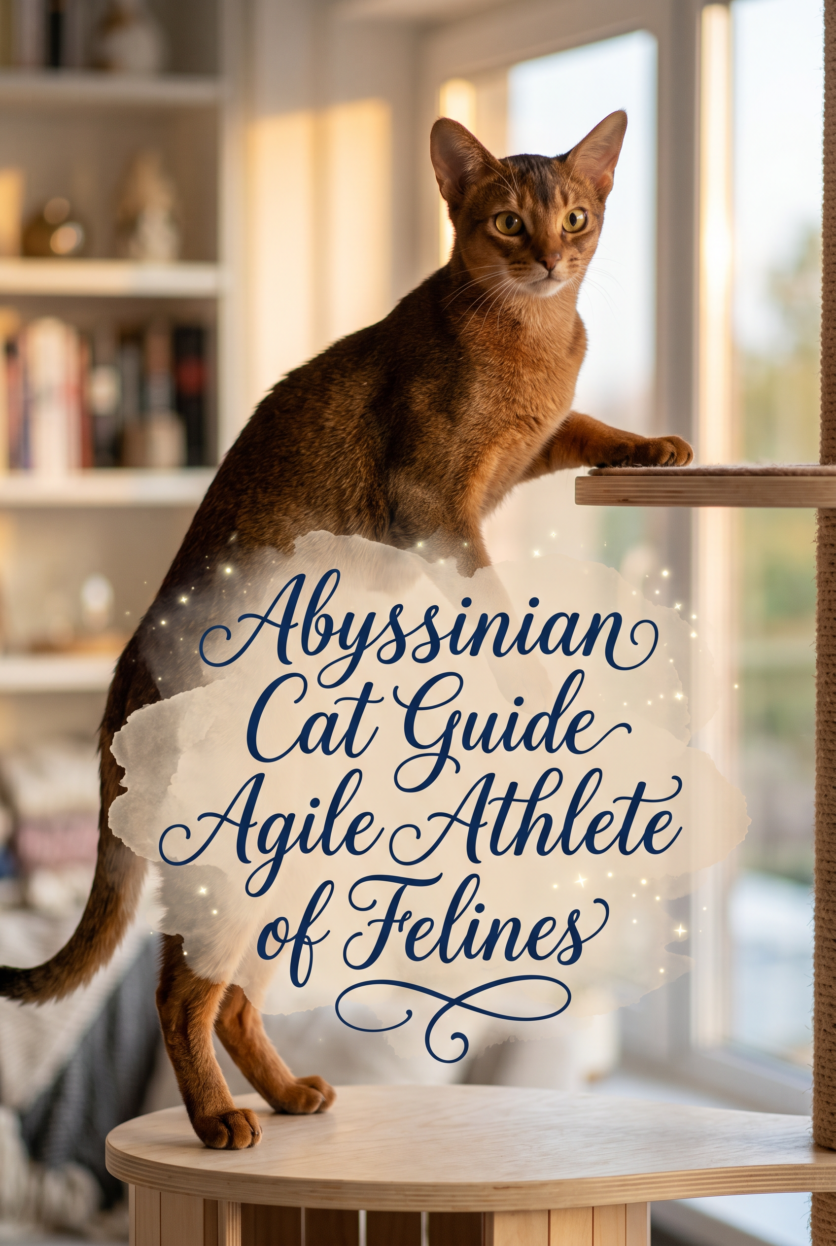 A beautiful ruddy Abyssinian cat perched elegantly on a modern wooden shelf against a soft sunset background. The central text 'Abyssinian Cat Guide Agile Athlete of Felines' is written in a sophisticated navy blue cursive script on a soft cream watercolor brushstroke.