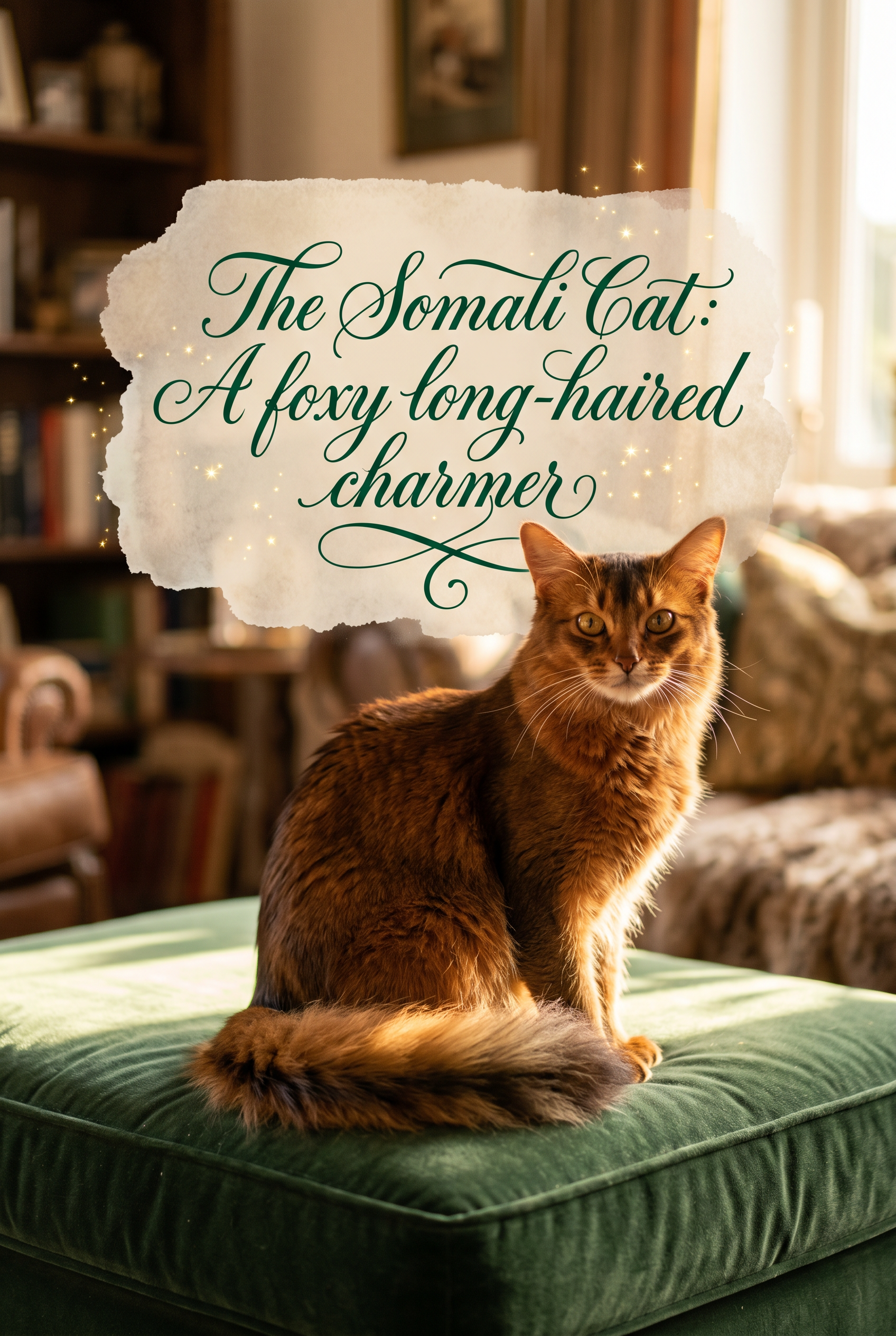 A majestic Somali cat with a rich ruddy agouti coat and a bushy, fox-like tail sitting gracefully in a sun-drenched, high-end living room. The cat has large almond-shaped eyes and an alert expression. Centered on the image is the text 'The Somali Cat: A foxy long-haired charmer' in elegant, deep emerald cursive script with decorative flourishes, set against a soft, glowing watercolor wash.