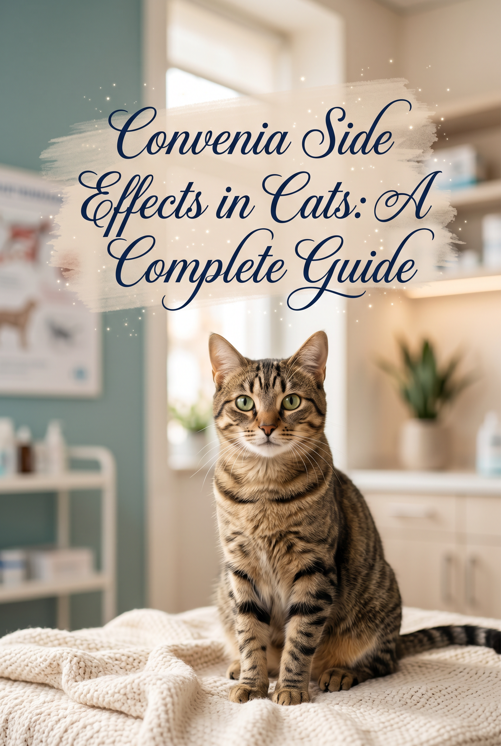 A close-up, high-quality photograph of a beautiful domestic cat looking calm, set against a soft, glowing veterinary-themed backdrop with warm lighting. In the center, a decorative text overlay reads Convenia Side Effects in Cats: A Complete Guide in an elegant navy blue script on a soft beige watercolor wash.
