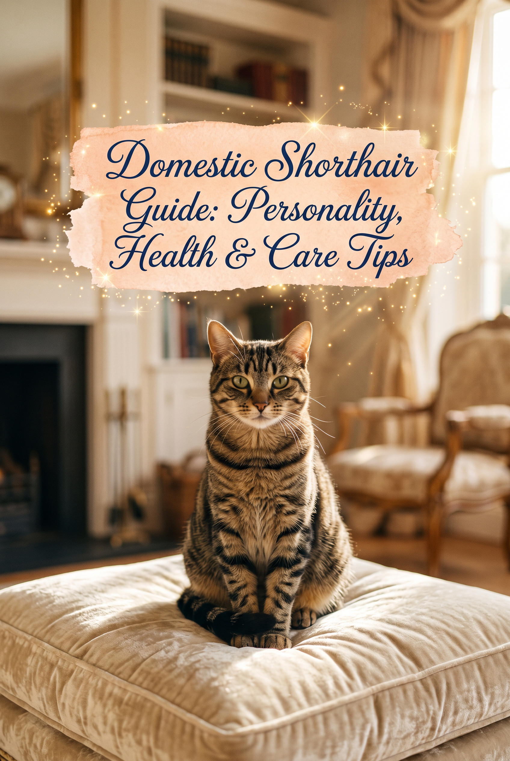 A charming Domestic Shorthair cat with a vibrant tabby coat sitting gracefully in a cozy, sun-drenched nook. In the center, the title is displayed in a sophisticated deep navy cursive font, set against a soft-edged peach watercolor wash with subtle sparkles, capturing a premium and warm aesthetic.
