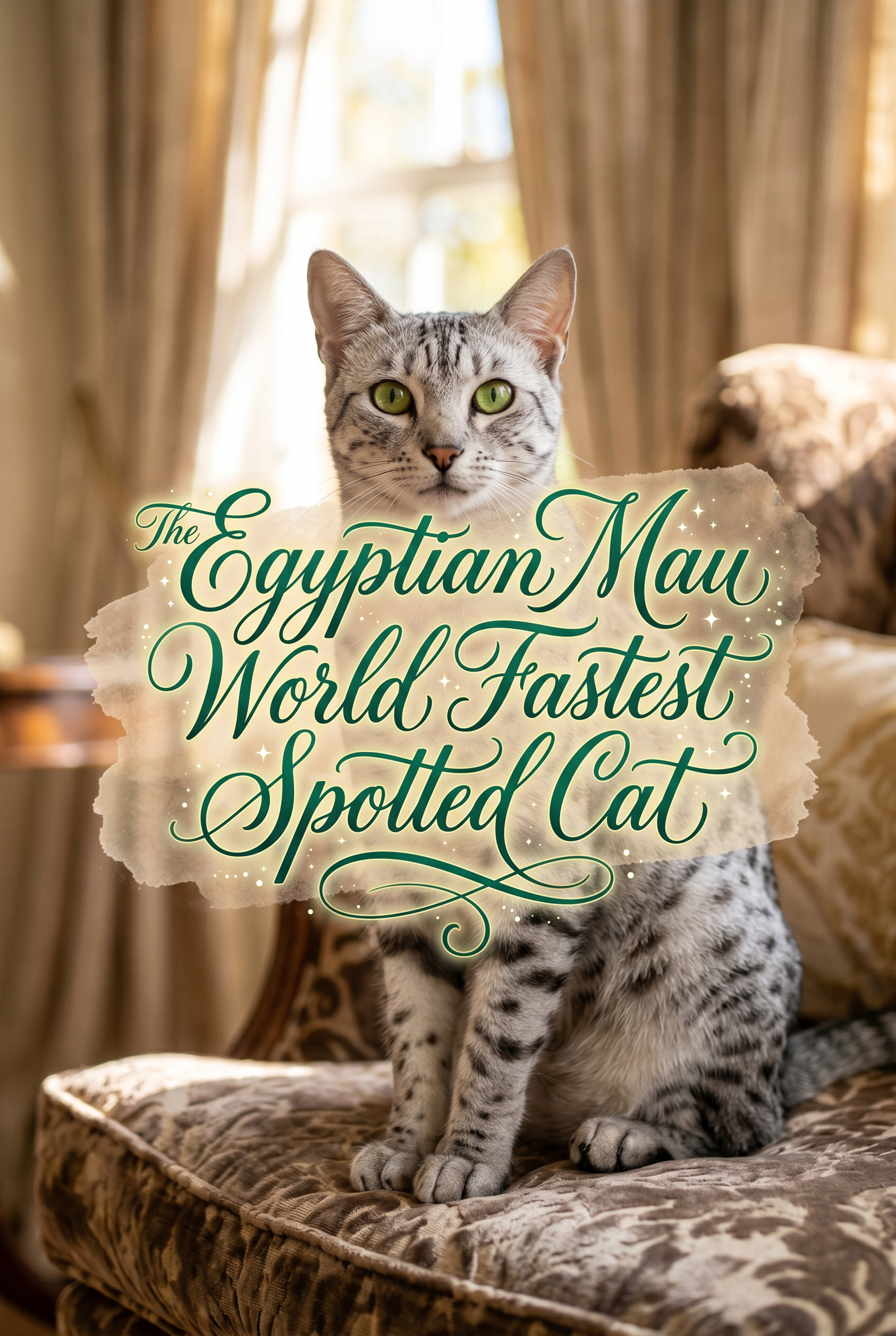 A high-quality photograph of a stunning Egyptian Mau cat with shimmering silver fur and distinct dark spots, sitting majestically. The background is a soft-focus Egyptian-inspired interior with warm golden hour lighting and hints of papyrus plants. In the center, a decorative calligraphy overlay displays the title.