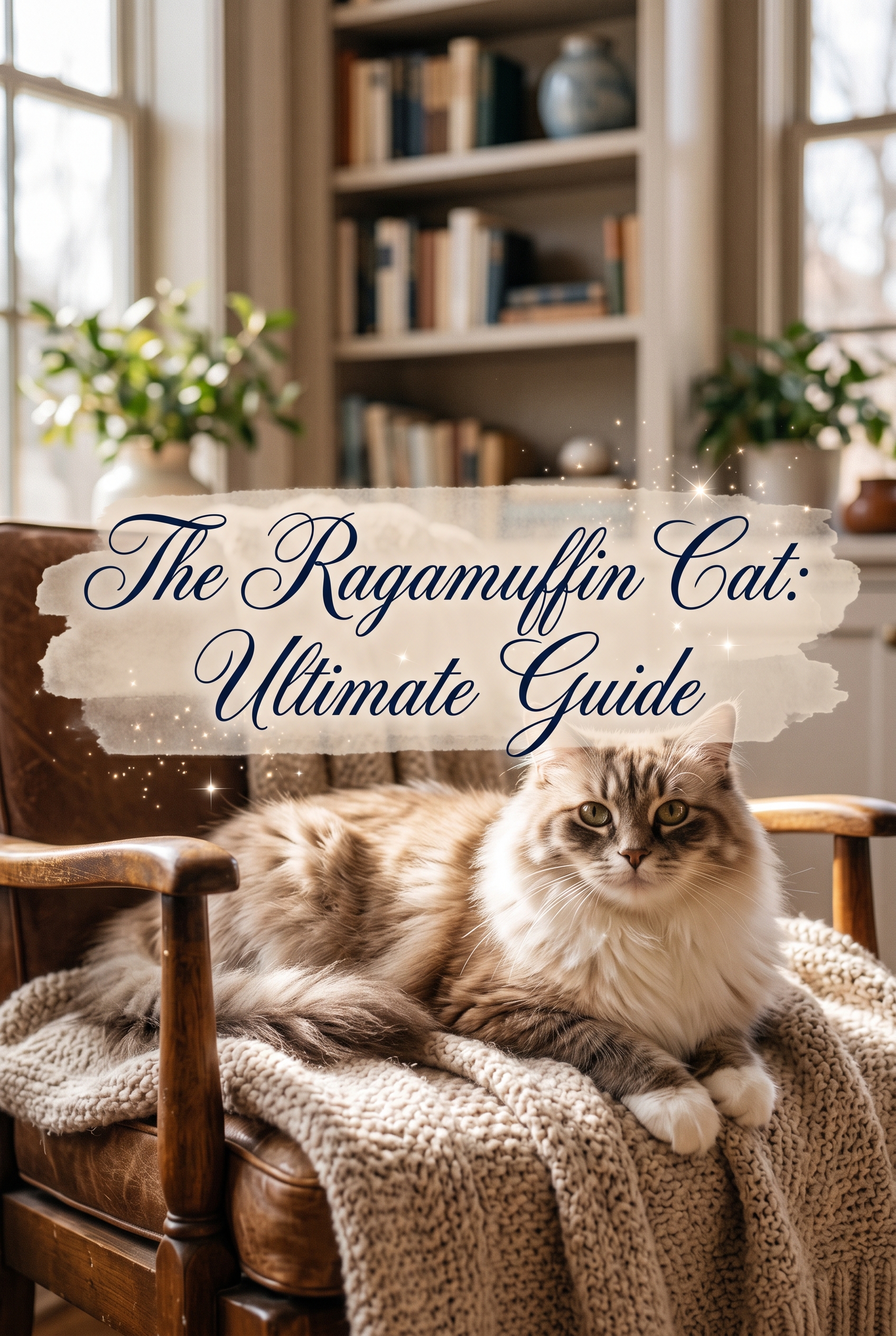 A stunning, large Ragamuffin cat with plush, thick, cream and grey fur and expressive walnut-shaped eyes, sitting gracefully on a high-end textured rug in a sunlit room. The image features a central elegant text overlay on a soft watercolor background, emphasizing the cat's gentle and luxurious nature.