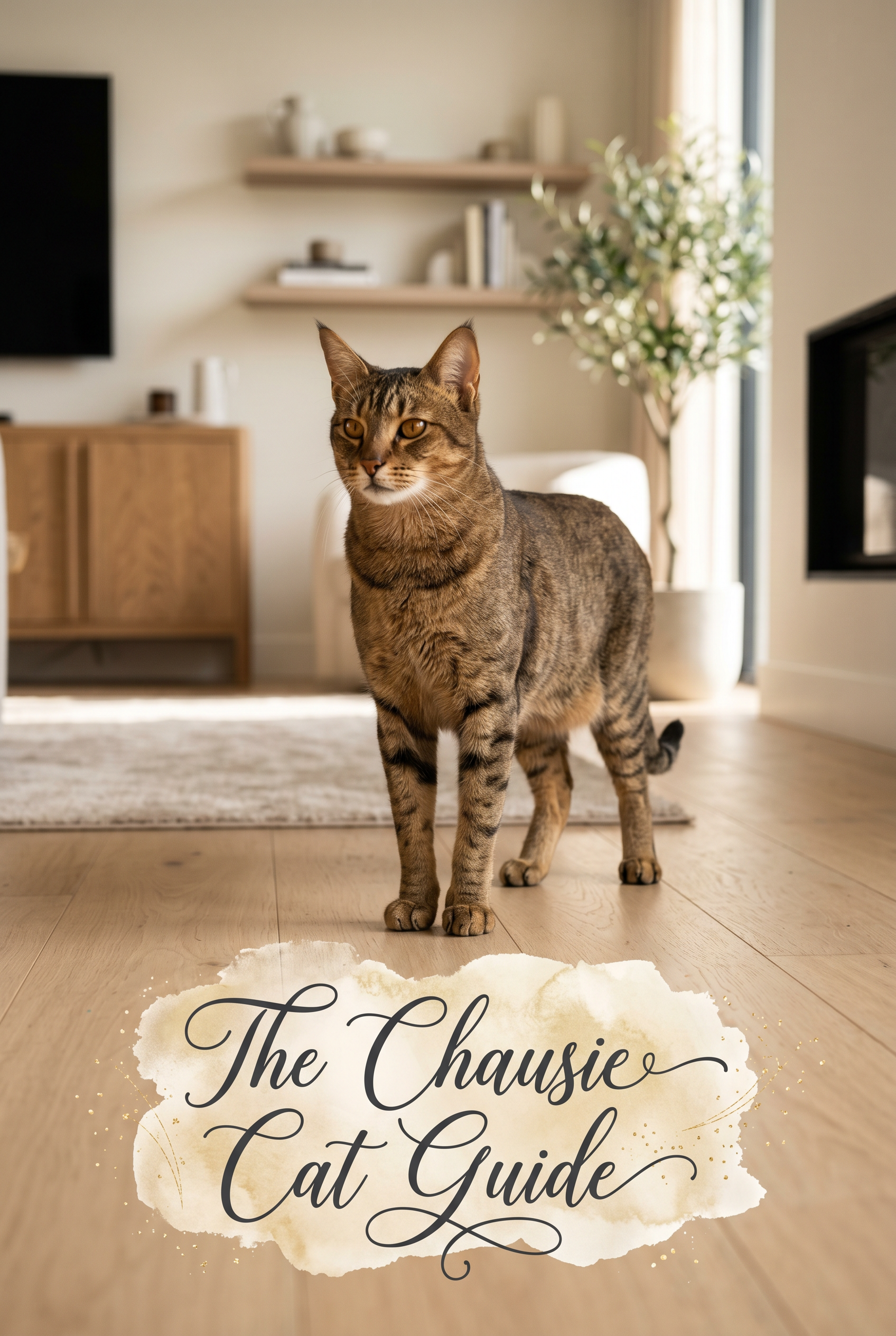 A large, athletic Chausie cat with a striking brown ticked tabby coat and golden eyes, highlighting its wild jungle-cat features. The cat stands gracefully in a luxuriously designed living room with warm, natural sunlight. In the center, the words 'The Chausie Cat Guide' are displayed in exquisite, flowing calligraphy over a sophisticated soft-edged pastel wash with subtle glint highlights.